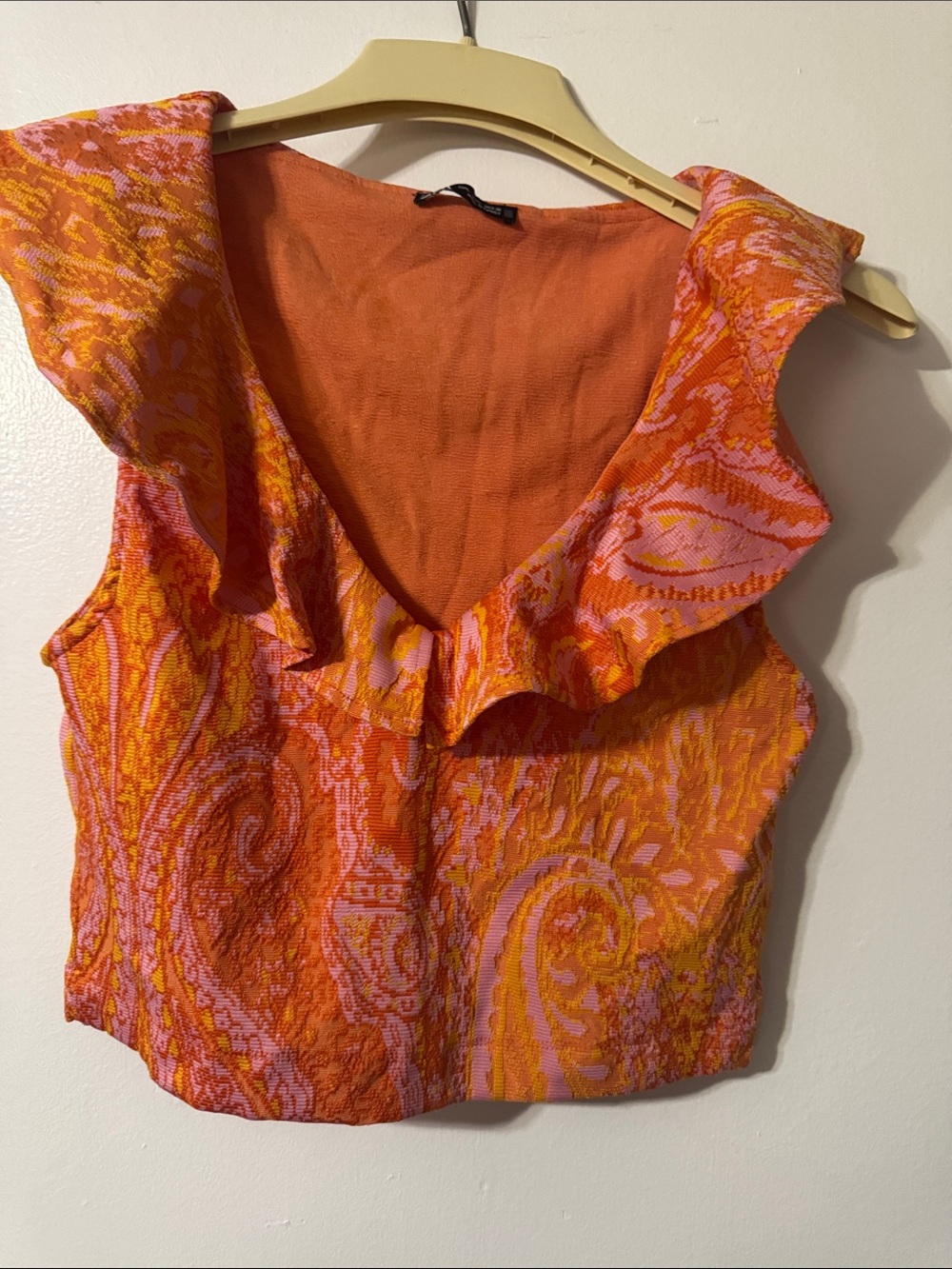Zara Orange & Pink Paisley Ruffle V-Neck Crop Top